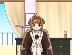 1990s_(style) animated brown_hair cardcaptor_sakura dress gabriel-b garter_belt garter_straps green_eyes kinomoto_sakura lingerie loli retro_artstyle tagme thong underwear undressing video