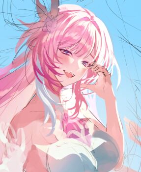 1girl blue_background cyrene_(honkai:_star_rail) cyrene_(ripples_of_past_reverie)_(honkai:_star_rail) diamond-shaped_pupils diamond_(shape) dokseong dress flower honkai:_star_rail honkai_(series) open_mouth pink_hair pointy_ears purple_eyes purple_pupils smile solo symbol-shaped_pupils upper_body white_dress