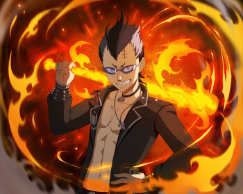 1boy absurdres black_clover black_clover_m:_rise_of_the_wizard_king black_hair black_jacket bracelet cross cross_necklace fire grin hand_on_own_hip highres jacket jewelry looking_at_viewer magna_swing necklace non-web_source official_alternate_costume official_art open_clothes open_jacket purple-tinted_eyewear pyrokinesis short_hair smile solo spiked_bracelet spikes teeth tinted_eyewear upper_body