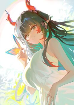 1girl arknights arknights:_endfield arm_up bare_arms bare_shoulders breasts bug butterfly canned_hakarl colored_inner_hair commentary dragon_girl dragon_horns dragon_tail dress eastern_dragon_horns eastern_dragon_tail eyelashes from_below green_eyes green_hair highres horns insect large_breasts long_hair looking_at_animal multicolored_hair parted_lips pointy_ears red_hair red_horns smile solo streaked_hair sundress tail upper_body zhuang_fangyi_(arknights)