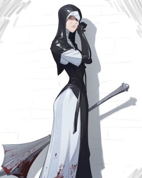 1girl absurdres black_gloves blood blood_on_clothes blood_on_face bloody_weapon brown_eyes closed_mouth commentary elden_ring elden_ring_nightreign english_commentary gloves highres holding holding_weapon lips looking_at_viewer marimb0t nun shadow solo undertaker_(elden_ring) weapon white_background