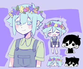 Rule 34 | 2boys, :<, :d, ^ ^, antenna hair, arms at sides, basil (headspace) (omori), basil (omori), black eyes, black hair, blue overalls, blush, chibi, chibi inset, closed eyes, closed mouth, collared shirt, colored skin, commentary request, cropped torso, double-parted bangs, empty eyes, expressionless, flipped hair, flower, flower wreath, green eyes, green hair, green shirt, hair behind ear, hair between eyes, head wreath, highres, looking at viewer, male focus, multiple boys, no pupils, omori, omori (omori), open mouth, overall shorts, overalls, shii 1 ta, shirt, short hair, sidelocks, smile, white skin
