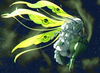 1girl absurdres antennae arthropod_girl ass black_sclera braid breasts colored_sclera colored_skin commentary covered_erect_nipples english_commentary extra_arms green_eyes highres indie_virtual_youtuber insect_girl insect_wings juniper_(artist) juniper_actias large_breasts long_hair monster_girl moth_antennae moth_girl moth_hair_ornament moth_wings nude solo space tail thighs twin_braids virtual_youtuber white_hair white_skin wings