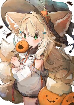 1girl absurdres alternate_costume animal_ears arknights black_hat blonde_hair blush candy commentary ears_through_headwear food fox_ears fox_girl fox_tail green_eyes hair_ornament hairclip halloween halloween_costume hat highres holding holding_candy holding_food holding_lollipop kitsune kyuubi lollipop long_hair long_sleeves looking_at_viewer mokoo_rokoo multiple_tails parallel_hairclips puffy_long_sleeves puffy_sleeves simple_background solo suzuran_(arknights) symbol-only_commentary tail white_background witch_hat