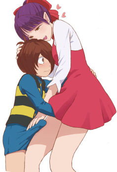 1boy 1girl age_difference bad_anatomy blush bow brown_hair bulge cat_girl chanchanko_(clothes) cowboy_shot dress erection erection_under_clothes feet_out_of_frame gegege_no_kitarou gegege_no_kitarou_6 green_eyes hair_bow hand_on_another&#039;s_head hand_under_clothes handjob heart height_difference hetero huge_penis kitarou mizuno_(pixiv31352320) mutual_masturbation nekomusume nekomusume_(gegege_no_kitarou_6) penis purple_hair red_bow red_dress short_shorts shorts shota simple_background size_difference smile standing teenage_girl_and_younger_boy white_background
