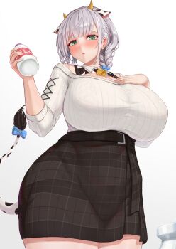 1girl :o animal_ears animal_print belt_buckle black_skirt blue_bow blunt_bangs blush bottle bow braid braided_ponytail breasts buckle chestnut_mouth cleavage collar cow_ears cow_girl cow_horns cow_print cow_tail cowbell cowboy_shot cream_cod curvy frilled_collar frills green_eyes groin hair_bow hand_on_own_chest high-waist_skirt highres holding holding_bottle hololive hololive_fantasy horns huge_breasts jewelry kemonomimi_mode looking_at_viewer looking_down medium_hair milk_bottle neck_bell off-shoulder_sweater off_shoulder plaid_clothes plaid_skirt ribbed_sweater ribbon ring sash see-through_clothes see-through_skirt shirogane_noel shirogane_noel_(casual) side_braid sidelocks silver_hair simple_background skirt solo stomach sweater tail tail_bow tail_ornament thick_thighs thighs virtual_youtuber wedding_ring white_background white_collar white_sweater wide_hips