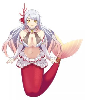 1girl breasts cleavage commentary_request coral coral_hair_ornament elbow_gloves gloves groin hair_ornament hair_ribbon jewelry large_breasts lock mermaid monster_girl multicolored_hair navel necklace original partially_fingerless_gloves pink_hair red_ribbon red_tail ribbon ring ryofuhiko skirt solo swimsuit tail tail_ornament tail_ring two-tone_hair two-tone_skirt white_gloves white_hair white_skirt yellow_eyes