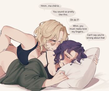 2girls absurdres black_sports_bra blonde_hair blush breast_press closed_eyes commentary english_commentary english_text fingering fingering_from_behind garofano_(path_to_nowhere) highres korichi_celeste lying mole mole_under_mouth multiple_girls on_stomach parted_lips path_to_nowhere pillow purple_hair simple_background smile speech_bubble sports_bra sweat trembling vautour_bleu_(path_to_nowhere) white_background yuri