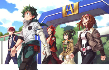 2girls 3boys asui_tsuyu boku_no_hero_academia bomber_jacket brown_hair clenched_hands cloud cloudy_sky eyewear_on_head freckles goggles goggles_around_neck green_eyes jacket kirishima_eijiro lowah midoriya_izuku multicolored_hair multiple_boys multiple_girls outdoors partially_unzipped red_eyes red_hair short_hair sky superhero_costume todoroki_shoto topless_male unzipped uraraka_ochako walking white_hair