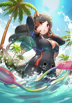 1girl animal_ears black_hair breasts brown_eyes cellien_(kemono_friends) cleavage extra_ears gloves gradient_hair hippopotamus_(kemono_friends) hippopotamus_ears kemono_friends kemono_friends_3 large_breasts leather_suit long_hair looking_at_viewer multicolored_hair official_art open_mouth palm_tree red_hair tree water
