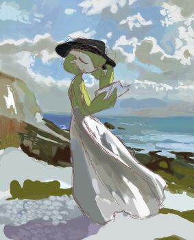 Rule 34 | 1girl, adjusting clothes, adjusting headwear, black hat, blue sky, bob cut, book, closed eyes, clothed pokemon, cloud, colored skin, day, fedora, female focus, full body, gardevoir, gen 3 pokemon, green hair, green skin, hair over one eye, hands up, hat, holding, holding book, horizon, multicolored skin, nintendo, ocean, one eye covered, open book, outdoors, pokemon, pokemon (creature), powerpuff (pixiv 60944739), short hair, sketch, sky, solo, standing, two-tone skin, u u, white skin