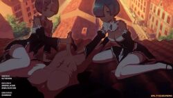 1boy 2girls animated arm_support artist_name black_dress black_footwear black_sleeves blue_eyes blue_hair breasts caressing_testicles cleavage collar cooperative_handjob cumskeleton detached_collar detached_sleeves dress feet_out_of_frame ffm_threesome full_body group_sex hair_over_one_eye handjob hetero leaning_to_the_side long_sleeves looking_at_another looping_animation lying maid matching_hair/eyes medium_breasts multiple_girls on_back opennsfwsp outdoors penis pink_eyes pink_hair ram_(re:zero) re:zero_kara_hajimeru_isekai_seikatsu rem_(re:zero) rubyredva saltyicecream shimaidon_(sex) shoes short_hair siblings sisters sitting small_breasts sound strapless strapless_dress sunset tagme teamwork_(sexual) testicles thighhighs threesome twins two-tone_dress uncensored video wariza watermark white_collar white_dress white_thighhighs yokozuwari