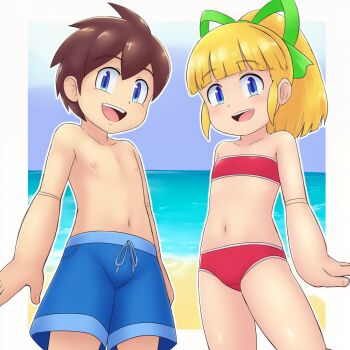 1boy 1girl beach bikini blonde_hair blue_sky border brother_and_sister brown_hair child cowboy_shot day green_ribbon hair_ribbon long_hair looking_at_viewer male_swimwear mega_man_(character) mega_man_(classic) mega_man_(series) navel ocean open_mouth ponytail puyopopper red_bikini ribbon robot roll_(mega_man) siblings sky smile standing swim_trunks swimsuit water white_border