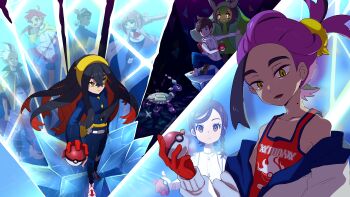 4boys 4girls amarys_(pokemon) black_hair carmine_(pokemon) collarbone commentary_request crispin_(pokemon) drayton_(pokemon) florian_(pokemon) gloves hairband highres holding holding_poke_ball jacket juliana_(pokemon) kieran_(pokemon) lacey_(pokemon) mole mole_on_neck multicolored_hair multiple_boys multiple_girls nashirasauce nintendo off_shoulder ogerpon open_mouth partially_fingerless_gloves poke_ball poke_ball_(basic) pokemon pokemon_(creature) pokemon_sv purple_hair red_gloves red_shirt shirt sleeveless sleeveless_shirt terapagos terapagos_(normal) two-tone_hair white_jacket yellow_eyes yellow_hairband