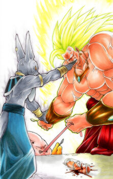 Rule 34 | 3boys, angry, animal ears, aura, bare shoulders, beerus, blonde hair, bracelet, broly (dragon ball z), cat ears, colored skin, demon, dragon ball, dragonball z, dragonball z battle of gods, food, god of destruction beerus, highres, jewelry, majin buu, male focus, monster, multiple boys, muscular, pink skin, pudding, purple skin, super saiyan, super saiyan 3, tongue, traditional media, what, wristband, yellow eyes, yokisaga