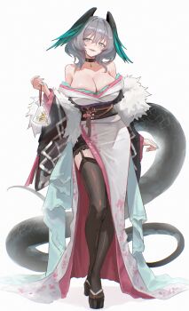 1girl absurdres alternate_costume aqua_eyes aqua_hair arknights bare_shoulders black_choker black_sandals black_tail black_thighhighs black_wings breasts choker cleavage commentary_request fang feathered_wings full_body gradient_wings green_eyes grey_hair hair_between_eyes hand_up head_wings highres ho&#039;olheyak_(arknights) holding japanese_clothes kimono large_breasts large_tail looking_at_viewer medium_hair multicolored_wings off_shoulder sandals side_slit simple_background smile solo standing tail thighhighs thighs tongue tongue_out uof white_background wide_sleeves wings zouri