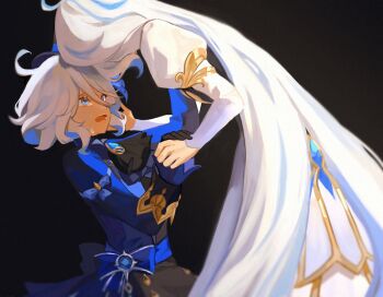 2girls ahoge ascot black_ascot black_background black_gloves black_hat blue_bow blue_eyes blue_gemstone blue_hair blue_jacket blurry bow brooch commentary crying crying_with_eyes_open depth_of_field dress english_commentary focalors_(genshin_impact) furina_(genshin_impact) gem genshin_impact gloves gold_trim hair_between_eyes hand_in_another&#039;s_hair hand_up hat heterochromia highres holding_another&#039;s_wrist jacket jewelry juliet_sleeves long_hair long_sleeves looking_at_another multicolored_hair multiple_girls open_mouth poyo_(luberryart) puffy_sleeves short_hair simple_background sitting standing streaked_hair tears top_hat white_dress white_hair