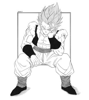 1boy abs dragon_ball dragon_ball_super dragon_ball_super_broly gogeta greyscale hand_on_own_face highres invisible_chair male_focus medium_hair metamoran_vest monochrome muscular muscular_male naouuma_art no_shirt sash simple_background sitting solo spiked_hair super_saiyan super_saiyan_blue white_background