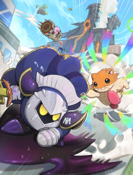 absurdres armor blue_cape blue_eyes blue_sky cape flying galaxia_(sword) gloves gonzarez hamster highres holding holding_sword holding_weapon kirby kirby_(series) kirby_air_ride kirby_air_riders magnet mask meta_knight muscular nintendo no_humans open_mouth outdoors pauldrons rick_(kirby) shoulder_armor sky starman_(kirby) sweat sword warp_star weapon whiskers yellow_eyes