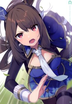 1girl absurdres admire_vega_(starry_nocturne)_(umamusume) admire_vega_(umamusume) animal_ears black_pantyhose blue_dress breasts brown_hair cleavage_cutout clothing_cutout dress ear_covers highres horse_ears horse_girl horse_tail long_hair long_sleeves looking_at_viewer medium_breasts mishima_kurone necktie open_mouth pantyhose red_eyes running single_ear_cover solo tail third-party_source umamusume v-shaped_eyebrows white_necktie