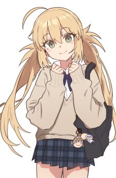 1girl absurdres ahoge artoria_caster_(fate) artoria_pendragon_(fate) blonde_hair blush breasts closed_mouth ebora fang fang_out fate/grand_order fate_(series) green_eyes highres long_hair long_sleeves looking_at_viewer melusine_(fate) oberon_(fate) simple_background skirt small_breasts smile solo thighs twintails white_background