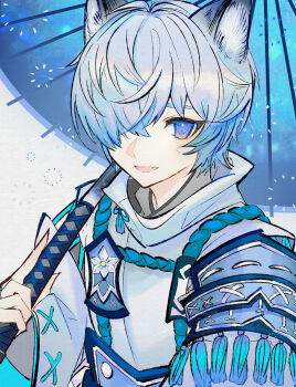 1boy absurdres animal_ears blue_eyes closed_mouth commentary_request fubuki_(rune_factory) hair_over_one_eye highres holding holding_umbrella hyouri00 japanese_clothes looking_at_viewer male_focus open_mouth rune_factory rune_factory:_guardians_of_azuma short_hair smile solo umbrella wolf_boy wolf_ears