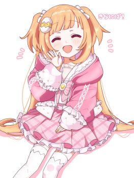 1girl ^_^ asymmetrical_legwear belt blush bow bowtie closed_eyes drawstring egg_hair_ornament feet_out_of_frame food-themed_hair_ornament frilled_jacket frilled_sailor_collar frills gem hair_ornament hair_ribbon hair_spread_out hand_up highres hood hooded_jacket jacket kirara_tamako kirara_tamako_(2nd_costume) long_hair long_sleeves mismatched_legwear nijisanji notice_lines omochi1555 open_clothes open_jacket open_mouth orange_eyes orange_hair petticoat pink_belt pink_bow pink_bowtie pink_jacket pink_skirt plaid_clothes plaid_skirt pleated_skirt polka_dot polka_dot_thighhighs puffy_long_sleeves puffy_sleeves quilted_jacket ribbon sailor_collar shirt simple_background sitting skirt sleeves_past_wrists smile solo striped_bow striped_bowtie striped_clothes thighhighs two-sided_fabric two-sided_jacket two_side_up virtual_youtuber waving white_background white_ribbon white_sailor_collar white_shirt white_thighhighs yellow_gemstone