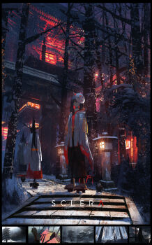 Rule 34 | 1girl, 2others, absurdres, architecture, asteroid ill, black hakama, building, chihaya (clothing), closed mouth, commentary, east asian architecture, english commentary, expressionless, facing to the side, forest, fox mask, geta, hair tie, hakama, highres, japanese clothes, long hair, looking at viewer, mask, mask on head, miko, multiple others, nature, night, original, outdoors, path, purple hair, road, scenery, sclera (asteroid ill), shoes, shrine, snow, socks, stairs, standing, star (sky), stone lantern, stone stairs, stone walkway, tree, white shoes, wide sleeves, winter, yellow eyes