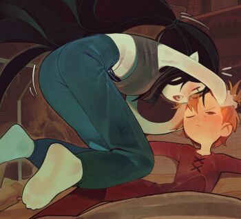1boy 1girl adventure_time black_hair blonde_hair blush child crop_top demon_girl finn_the_human highres long_hair marceline_abadeer official_alternate_costume open_mouth pajamas pants pointy_ears ponytail sweatpants tank_top vampire very_long_hair wamudraws