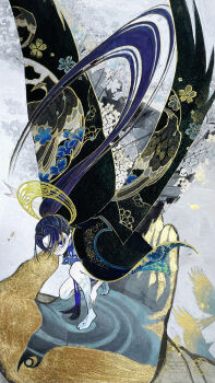 1girl absurdly_long_hair absurdres bird black_cape blue_eyes blue_hair cape colored_skin commentary_request eyelashes halo highres japanese_clothes kimono long_hair mask masquerade_mask original ponytail shiguretau solo squatting traditional_media very_long_hair white_mask white_skin wings yellow_halo