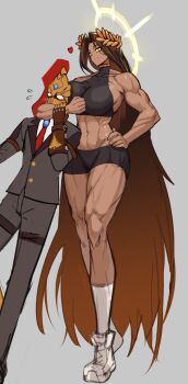1boy 1girl absurdly_long_hair adeptus_custodes blush breasts brown_hair commentary emperor_of_mankind english_commentary flying_sweatdrops formal_clothes genderswap genderswap_(mtf) gloves grey_background halo hand_on_own_hip heart highres large_breasts laurel_crown long_hair muscular muscular_female navel necktie podobrick simple_background smile suit tall_female very_long_hair warhammer_40k yellow_eyes