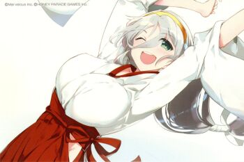 1girl 2025 :d blush breasts clothing_cutout color_halftone commentary copyright_name covered_erect_nipples gekkou_(senran_kagura) green_eyes grey_hair hairband hakama hakama_skirt happy happy_new_year highres hip_vent japanese_clothes jumping kimono large_breasts long_hair looking_at_viewer low-tied_long_hair marvelous midair miko new_year non-web_source official_art one_eye_closed open_mouth outstretched_arms red_hakama ribbon-trimmed_sleeves ribbon_trim scan senran_kagura simple_background skirt smile solo white_kimono wide_sleeves yaegashi_nan yellow_hairband
