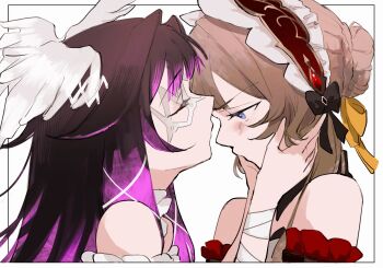2girls bare_shoulders black_hair blue_eyes brown_hair closed_eyes columbina_(genshin_impact) commentary_request genshin_impact hands_on_another&#039;s_face highres kiss kissing_forehead maid_headdress multiple_girls purple_streaks sa_3987 sandrone_(genshin_impact) simple_background upper_body white_background yuri