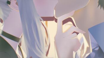 Rule 34 | 1boy, 1girl, black hoodie, black necktie, blue archive, choker, closed mouth, collared shirt, earclip, french kiss, hashtag-only commentary, head out of frame, hetero, highres, hood, hoodie, kayoko (blue archive), kiss, long hair, looking at another, necktie, sensei (blue archive), shi draco, shirt, signature, solo, white hair, white shirt