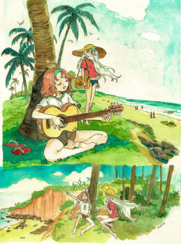 2girls absurdres ahoge aqua_bikini arm_up arms_at_sides artist_name bag barefoot beach bikini bikini_bottom_only blue_sky brown_shorts bush cliff closed_eyes cloud commentary_request dated day dot_nose eudetenis flip-flops floating_hair glasses green_hair green_hairband guitar hairband hand_up hat highres holding holding_guitar holding_instrument horizon instrument long_hair looking_at_another medium_hair multiple_girls music no_pants ocean on_ground open_mouth original outdoors painting_(medium) palm_tree parted_lips people playing_guitar playing_instrument pointy_ears print_shirt red_eyes red_hair red_shirt round_eyewear sandals shirt shoes shore short_shorts short_sleeves shorts shoulder_bag simple_bird singing sitting sky slice_of_life smile sparkle standing straw_hat sun_hat swimsuit t-shirt traditional_media tree unworn_shoes watercolor_(medium) white_shirt wind