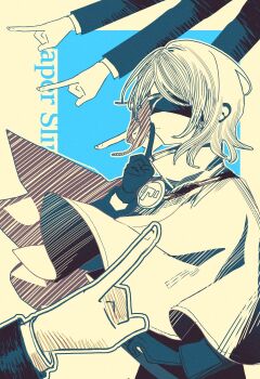 1girl 4others black_gloves blindfold blue_background border capelet closed_mouth facing_ahead faust_(project_moon) gloves hashtag-only_commentary highres index_(identity)_(project_moon) index_finger_raised lcb_ssk limbus_company limited_palette multiple_others outline outside_border pointing project_moon short_hair solo_focus white_border white_capelet white_outline