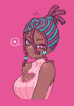 1girl absurdres ahoge blue_eyes blue_hair breasts cleavage cleavage_cutout clothing_cutout commentary cropped_torso dark-skinned_female dark_skin doodlelotl dreadlocks english_commentary hair_ornament heart heart-shaped_hair heart-shaped_pupils heart_ahoge heart_cutout heart_hair_ornament highres multicolored_eyes multicolored_hair original pink_background pink_eyes pink_hair sleeveless sleeveless_sweater smile solo spoken_heart streaked_hair sweater symbol-shaped_pupils updo