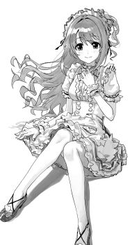 1girl bow center_frills commentary floating_hair footwear_bow frilled_shoes frills greyscale hand_on_own_chest highres idolmaster idolmaster_cinderella_girls light_smile looking_at_viewer maid_headdress monochrome one_side_up puffy_short_sleeves puffy_sleeves shimamura_uzuki short_sleeves sitting smile solo yinrain0023