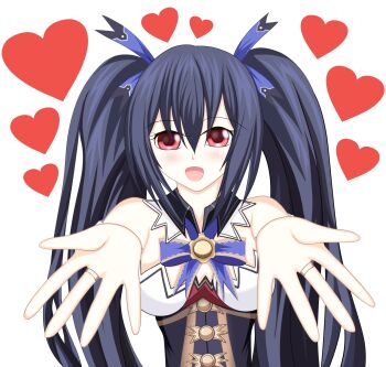 arms_out bare_shoulders black_hair breasts collar dress happy heart highres hug jacket long_hair medium_breasts neptune_(series) noire_(neptunia) open_mouth red_eyes ribbon s.o. tsundere twintails
