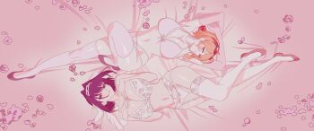 2girls absurdres arms_behind_head arms_up ballet_slippers black_hair blonde_hair bra breasts chainsaw_man cleavage floral_print_bra garter_belt garter_straps hands_on_own_chest highres hololive hololive_english hololive_indonesia huge_breasts kaela_kovalskia lingerie lying midriff multi-strapped_panties multiple_girls neige_(pixiv6850453) on_back on_blanket ouro_kronii panties pink_bra pink_thighhighs red_shoes scene_reference shoes short_hair thighhighs underwear white_thighhighs