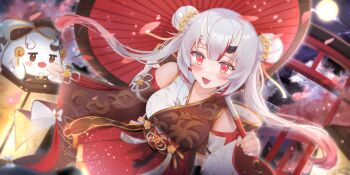 1girl :d absurdres alternate_breast_size_(larger) asymmetrical_sleeves bare_shoulders black_kimono black_sleeves breasts cherry_blossoms commentary detached_sleeves dot_nose double_bun falling_petals fang floral_print_sleeves hair_between_horns hair_bun hakama highres holding holding_umbrella hololive horns japanese_clothes kimono large_breasts light_blush long_hair long_sleeves looking_at_viewer mismatched_sleeves moon multicolored_hair nakiri_ayame nakiri_ayame_(8th_costume) night official_alternate_costume official_alternate_hairstyle oil-paper_umbrella oni open_mouth outdoors petals poyoyo_(nakiri_ayame) red_eyes red_hair red_hakama skin-covered_horns smile symbol-only_commentary torii twintails two-tone_kimono umbrella umbrella_over_shoulder virtual_youtuber white_hair white_kimono white_sleeves wide_sleeves winexc