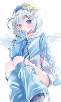 1girl absurdres alternate_costume amane_kanata angel angel_wings blue_hoodie blue_leg_warmers blush closed_mouth commentary_request hair_ornament hairpin halo highres hololive hood hoodie hosimiya_yume leg_warmers medium_hair multicolored_hair pink_streaks sleeves_past_fingers sleeves_past_wrists star_halo streaked_hair two_side_up virtual_youtuber white_background wings x_hair_ornament