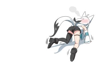 ahoge all_fours animal_ears armpit_crease black_boots black_shorts boots detached_sleeves facing_away fox_ears fox_girl fox_tail from_behind from_side full_body hair_blush highres hololive kumarang motion_lines ponytail shadow shirakami_fubuki shirakami_fubuki_(1st_costume) shirt shorts simple_background single_thighhigh sketch tail thigh_strap thighhighs virtual_youtuber white_background white_hair white_shirt