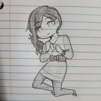 Rule 34 | 1girl, absurdres, bow, cable knit, closed mouth, collarbone, commentary, deformed, dress, english commentary, eyelashes, full body, graphite (medium), greyscale, highres, kurashiki akane, kyokugen dasshutsu, lined paper, long hair, long sleeves, monochrome, pantyhose, photo (medium), sash, shoes, side ponytail, sketch, smile, solo, traditional media, watch, wristwatch, zero (misamxsa08), zero escape: toki no dilemma