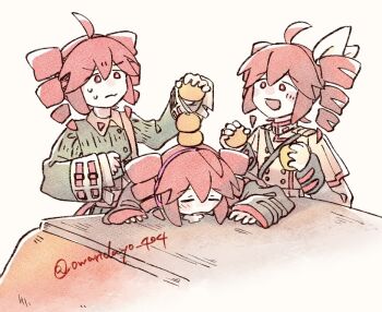 3girls =_= ahoge black_sleeves blush_stickers closed_eyes closed_mouth detached_sleeves drill_hair drooling food fruit grey_jacket hato_no_mune_wo_momitai headphones holding holding_food jacket kasane_teto kasane_teto_(sv) kasane_teto_(utau) kotatsu mandarin_orange multiple_girls multiple_persona open_mouth red_eyes red_hair short_hair sleeping stacking sweatdrop synthesizer_v table twin_drills twitter_username utau voicepeak