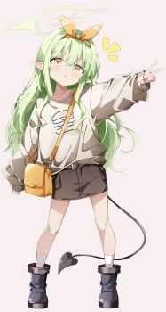 1girl :o bag belt blue_archive blush boots brown_skirt collarbone commentary_request demon_tail full_body green_hair halo highres hikari_(blue_archive) hikari_(mom&#039;s_touch)_(blue_archive) long_hair long_sleeves notice_lines official_alternate_costume paid_reward_available pointy_ears puffy_long_sleeves puffy_sleeves sabana shirt shoulder_bag simple_background skirt sleeves_past_wrists socks solo tail v very_long_hair white_shirt white_socks