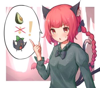 1girl animal_ears avocado black_bow black_bowtie blush bow bowtie braid cat_ears cat_girl cat_tail commentary english_commentary espalchemist index_finger_raised juliet_sleeves kaenbyou_rin long_sleeves multiple_tails open_mouth puffy_sleeves red_eyes red_hair reiuji_utsuho reiuji_utsuho_(bird) side_braids solo speech_bubble sweatdrop tail touhou twin_braids two_tails upper_body v-shaped_eyebrows