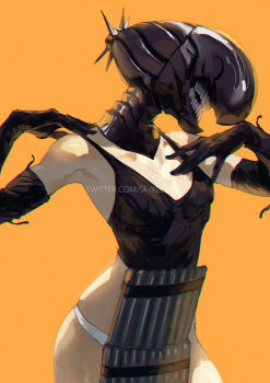 1girl apron black_gloves bomb_devil_(chainsaw_man) breasts chainsaw_man dynamite elbow_gloves explosive gloves grey_apron highres object_head orange_background panties simple_background small_breasts solo spykeee teeth underwear white_panties