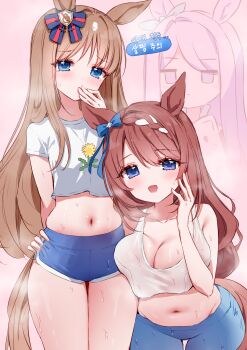 Rule 34 | 3girls, :d, animal ears, blue bow, blue eyes, blue shorts, bow, braid, breasts, brown hair, camisole, cleavage, collarbone, cropped shirt, ear bow, floral print, grass wonder (umamusume), hand on another's hip, highres, horse ears, horse girl, horse tail, korean text, large breasts, long hair, looking at viewer, mejiro mcqueen (umamusume), mood (umamusume), multiple girls, navel, open mouth, pink background, purple eyes, purple hair, shirt, shorts, smile, stomach, super creek (umamusume), sweat, tail, tandohark, translation request, umamusume, very long hair, white camisole, white shirt