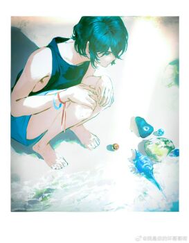 1boy bad_source barefoot beach blue_eyes blue_shorts border bracelet gundam hands_on_own_knees highres jewelry kamille_bidan looking_down outdoors pulppunk001 sand seashell shadow shell shirt short_hair shorts sleeveless sleeveless_shirt solo squatting tank_top toes water watermark weibo_username weibo_watermark white_border zeta_gundam